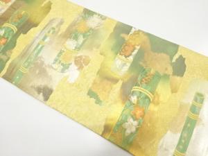 引箔　横笛に花・古典柄織り出し　袋帯